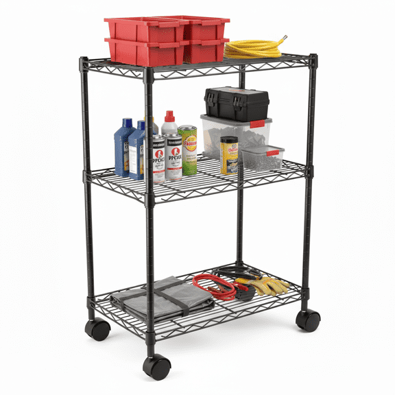 CONCETTA 3 Tier Heavy Duty Storage Shelves with Wheels, Adjustable Shelving Unit for Garage Kitchen Pantry, 200 lbs per Shelf, Black, 23" L x 13" W x 30" H
