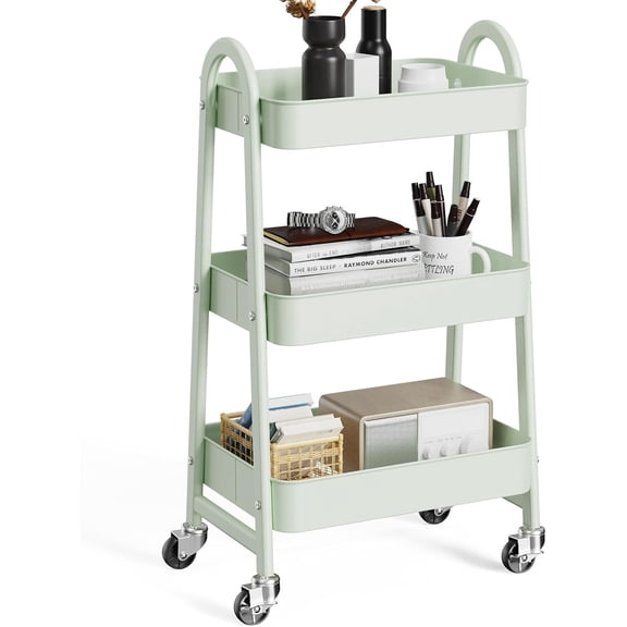 CONCETTA 3-Tier Utility Rolling Cart, Metal Mobile Storage Rack with Lockable Castors for Office, School, Bathroom, Green