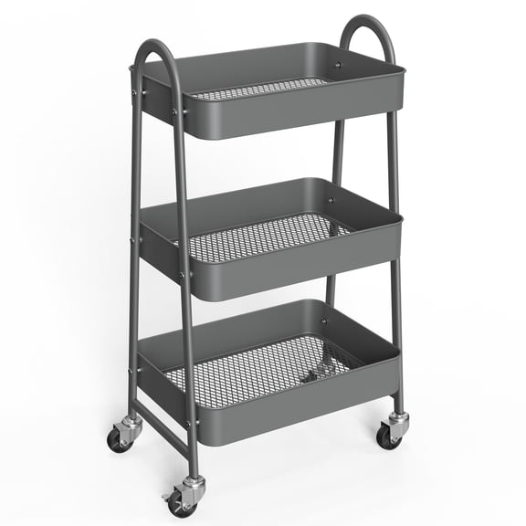 CONCETTA 3-Tier Utility Rolling Cart, Metal Mobile Storage Rack with Lockable Castors for Office, School, Bathroom, Gray