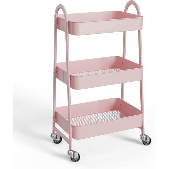 CONCETTA 3-Tier Utility Rolling Cart, Metal Mobile Storage Rack with Lockable Castors for Office, School, Bathroom, Pink