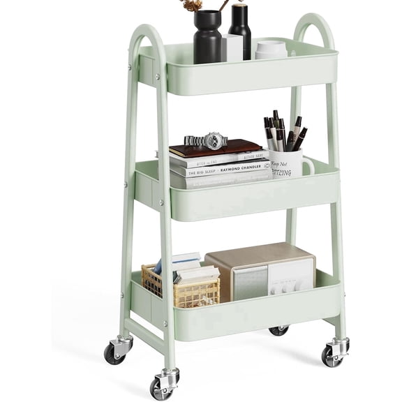 CONCETTA 3-Tier Utility Rolling Cart, Metal Mobile Storage Rack with Lockable Castors for Office, School, Bathroom, Green