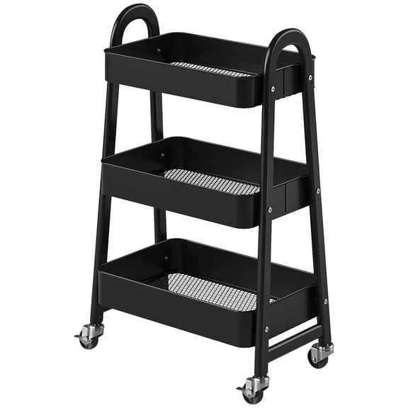 CONCETTA 3-Tier Metal Rolling Storage Cart with Wheels, Lockable Mobile Organizer, Compact for Kitchen, Bathroom, Office & Small Spaces, Black