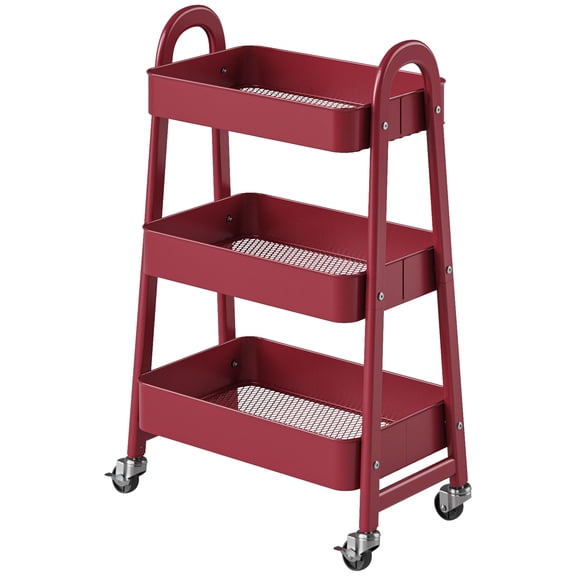 CONCETTA 3-Tier Metal Rolling Storage Cart with Wheels, Lockable Mobile Organizer, Compact for Kitchen, Bathroom, Office & Small Spaces, Red
