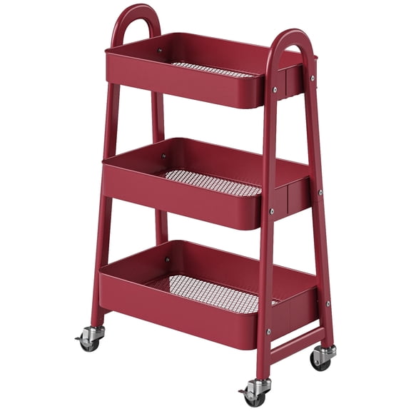 CONCETTA 3-Tier Metal Rolling Storage Cart with Wheels, Lockable Mobile Organizer, Compact for Kitchen, Bathroom, Office & Small Spaces, Red