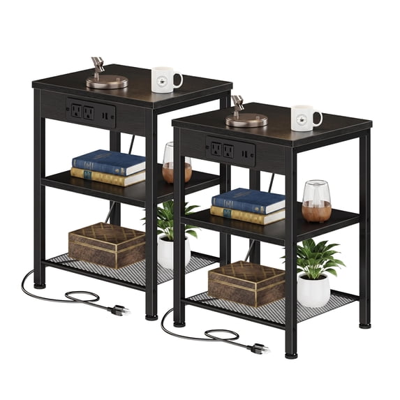 CONCETTA 3 Tier Nightstands with Charging Stations, Set of 2, Bedside End Tables for Bedroom Living Room, Black