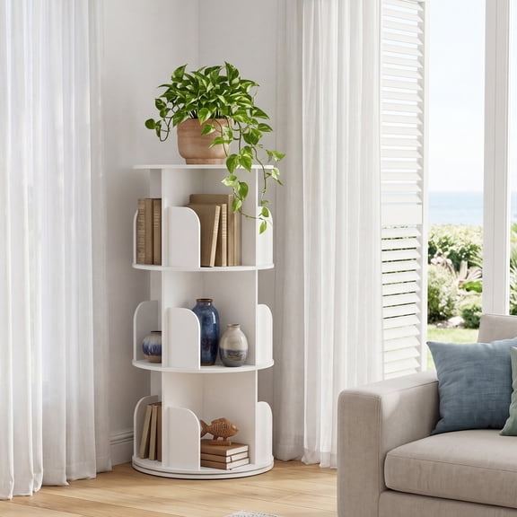CONCETTA 3-Tier Rotating Bookshelf, 360° Spinning Bookcase with Safety Guard, Space-Saving PVC Storage for Bedroom, White