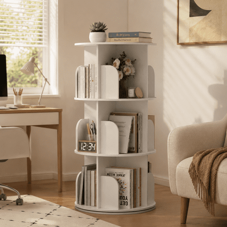 CONCETTA 3-Tier Rotating Bookshelf, 360° Spinning Bookcase with Safety Guard, Space-Saving PVC Storage for Bedroom, White