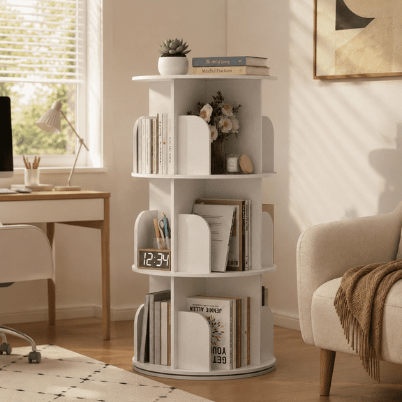 CONCETTA 3-Tier Rotating Bookshelf, 360° Spinning Bookcase with Safety Guard, Space-Saving PVC Storage for Bedroom, White