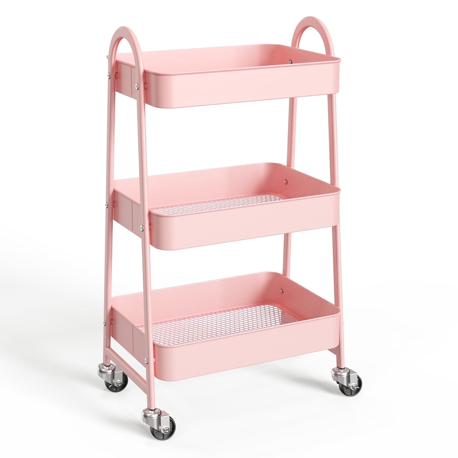 ZUNMOS 3 Tier Rolling Cart, Metal Utility Storage Cart with Lockable Wheels for Livingroom, Bathroom, Kitchen & Narrow Spaces,Pink
