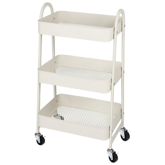 CONCETTA 3-Tier Metal Utility Rolling Cart, Storage Organizer Trolley with Mesh Baskets and Lockable Wheels for Living Room, Kitchen, White