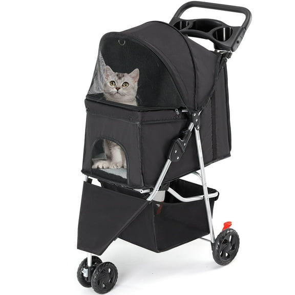 CONCETTA 3 Wheels Dog Stroller, Portable Pet Travel Foldable Carrier with Storage Basket, Black