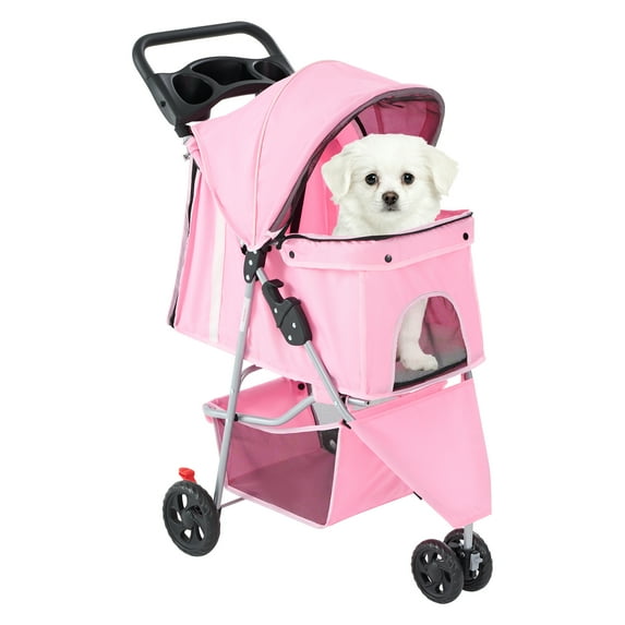 CONCETTA 3 Wheels Pet Stroller, Cats and Dog Strollers with Storage Basket and Cup Holder,Pink
