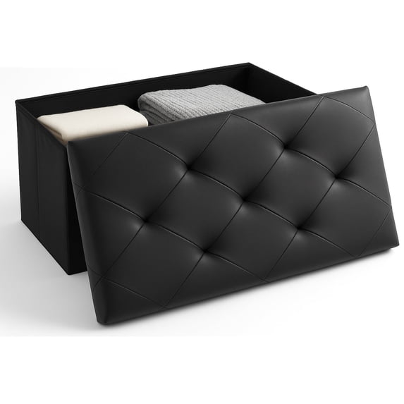 CONCETTA 30" Storage Ottoman – Foldable Faux Leather Stool with Storage, 660 lb Capacity, for Bedroom, Living Room, Entryway, Black