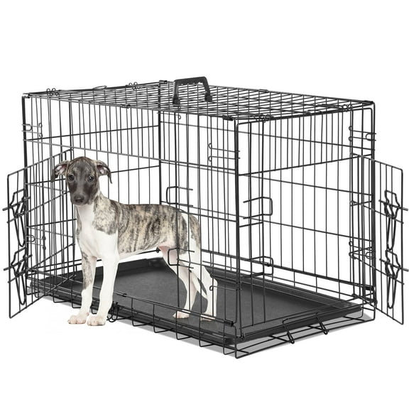 CONCETTA 30 inch Double-Door Folding Dog Crate, Portable Small Cage with Divider, Leak-Proof Tray