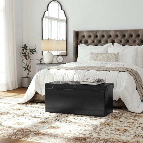 CONCETTA 30" Storage Ottoman Bench, Foldable Storage Chest, End of Bed Foot Stool with Padded Seat, Bedroom Bench, Support 660lbs, PVC Black