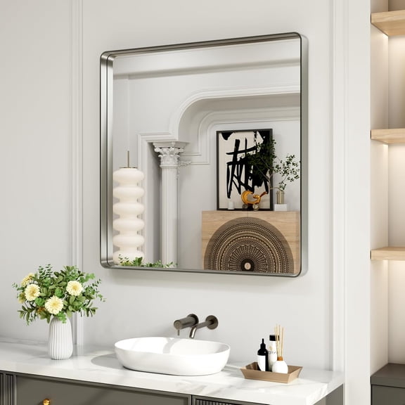 CONCETTA 30x30 Inch Metal Framed Vanity Bathroom Mirror, Large Rounded Rectangle, Anti-Rust, Hangs Horizontally or Vertically for Wall, Gold
