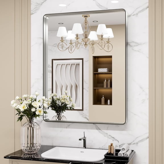 CONCETTA 30x36 Inch Metal Framed Vanity Bathroom Mirror, Large Rounded Rectangle, Anti-Rust, Hangs Horizontally or Vertically for Wall, Silver