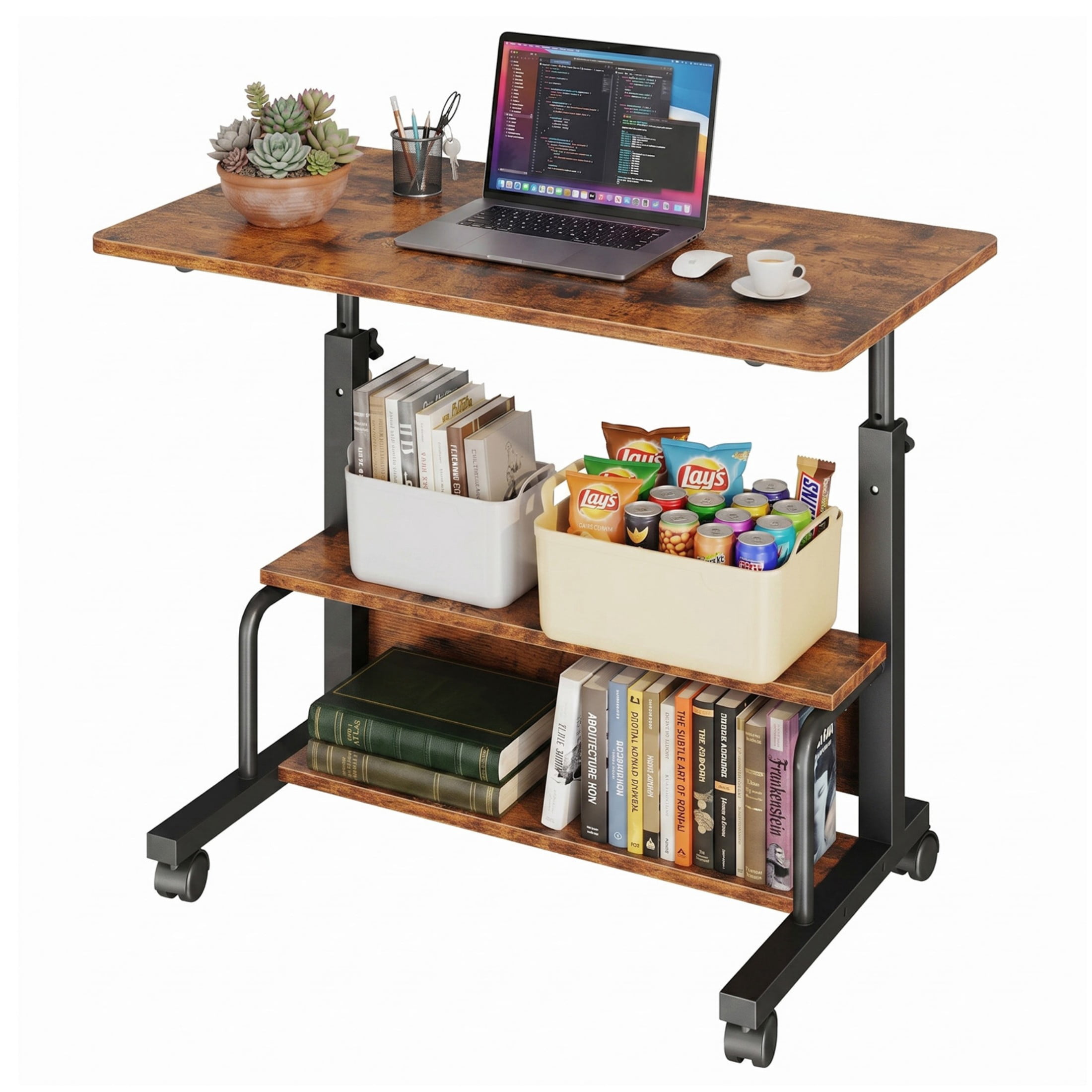 CONCETTA 31.5'' Adjustable Height Rolling Computer Desk with Storage Shelves, Portable Mobile Desk for Small Spaces Home Office, Rust