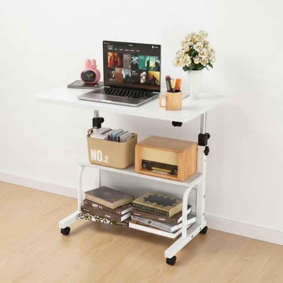 CONCETTA 31.5'' Adjustable Height Rolling Computer Desk with Storage Shelves, Portable Mobile Desk for Small Spaces Home Office, White