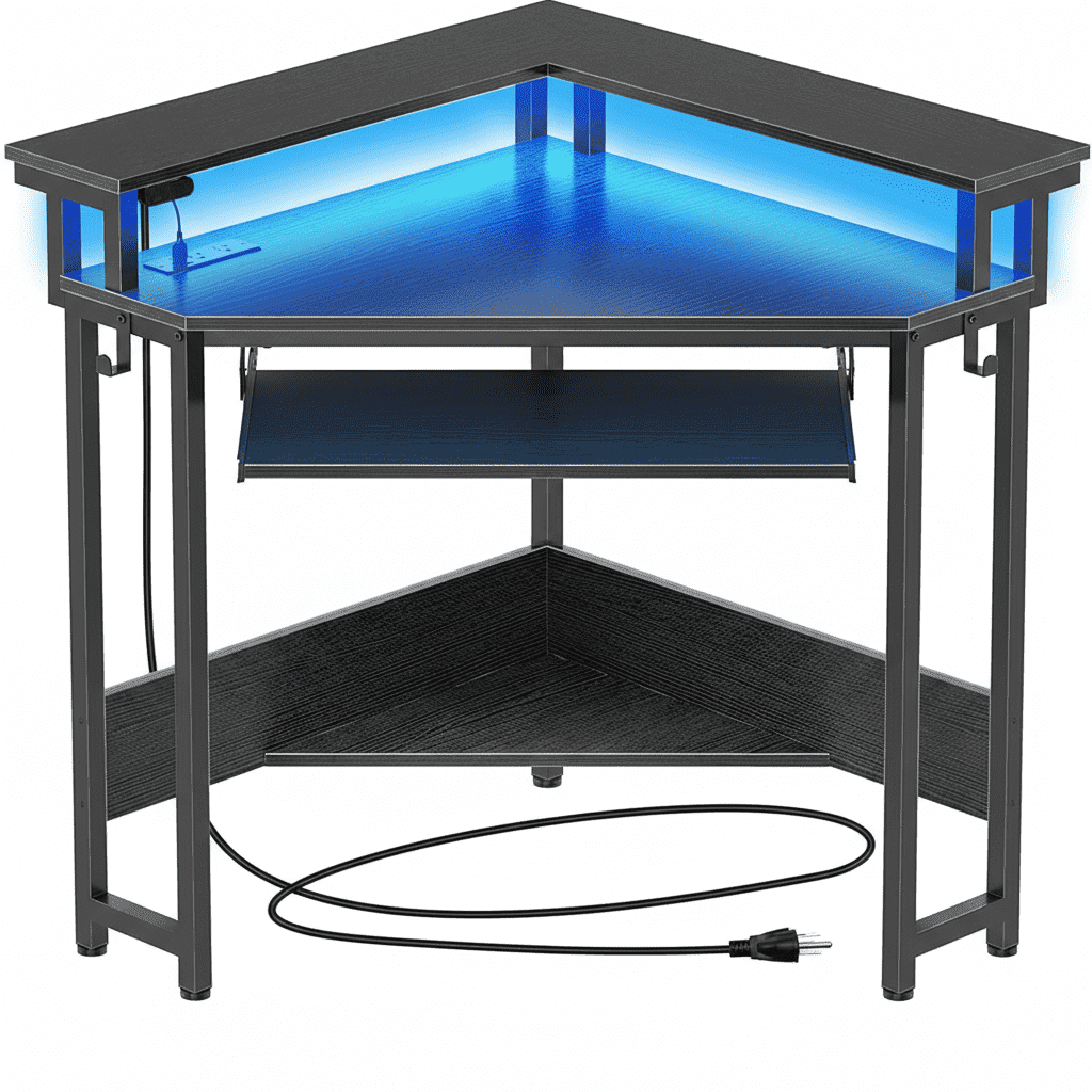 CONCETTA Coner Desk, L-Shaped Computer Desk with Power Outlets, LED Lights, Monitor Stand & Keyboard Tray, Black