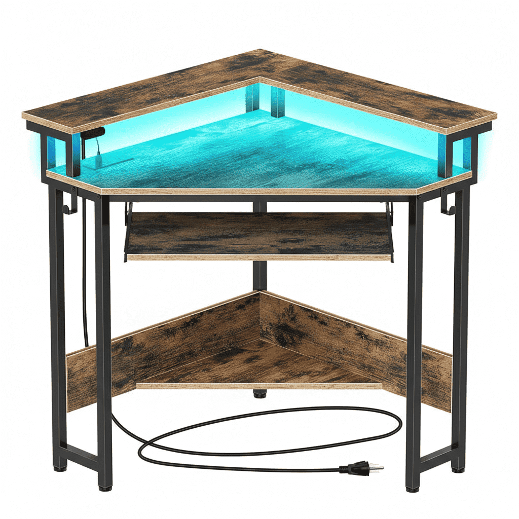 CONCETTA Coner Desk, L-Shaped Computer Desk with Power Outlets, LED Lights, Monitor Stand & Keyboard Tray, Rustic