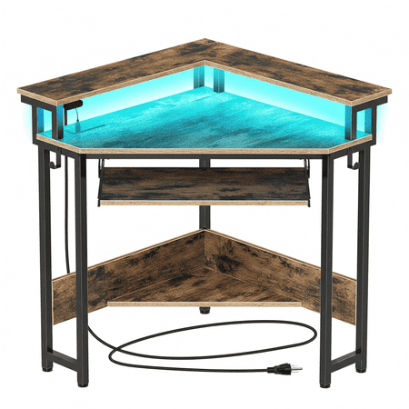 CONCETTA Coner Desk, L-Shaped Computer Desk with Power Outlets, LED Lights, Monitor Stand & Keyboard Tray, Rustic