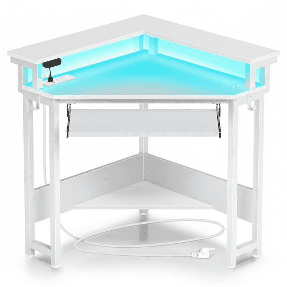 CONCETTA Coner Desk, L-Shaped Computer Desk with Power Outlets, LED Lights, Monitor Stand & Keyboard Tray, White