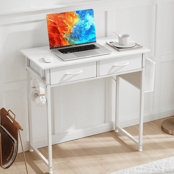 CONCETTA 32 inch Small Desk with Fabric Drawers & Storage Bag Iron Hook, Computer Desk,White Vanity Desk with Storage for Bedroom, White