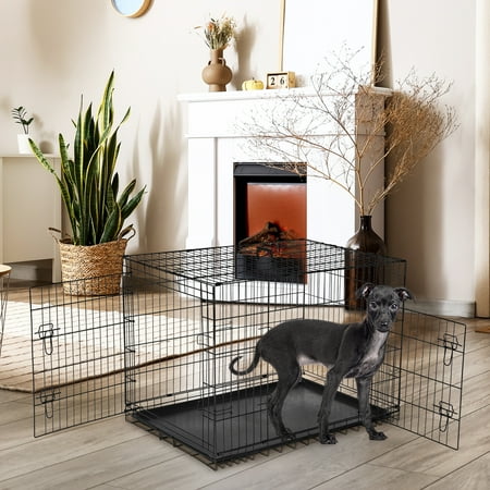 CONCETTA 36-Inch Foldable Double-Door Dog Crate – Portable Kennel with Divider, Removable Leakproof Tray for Medium Dogs