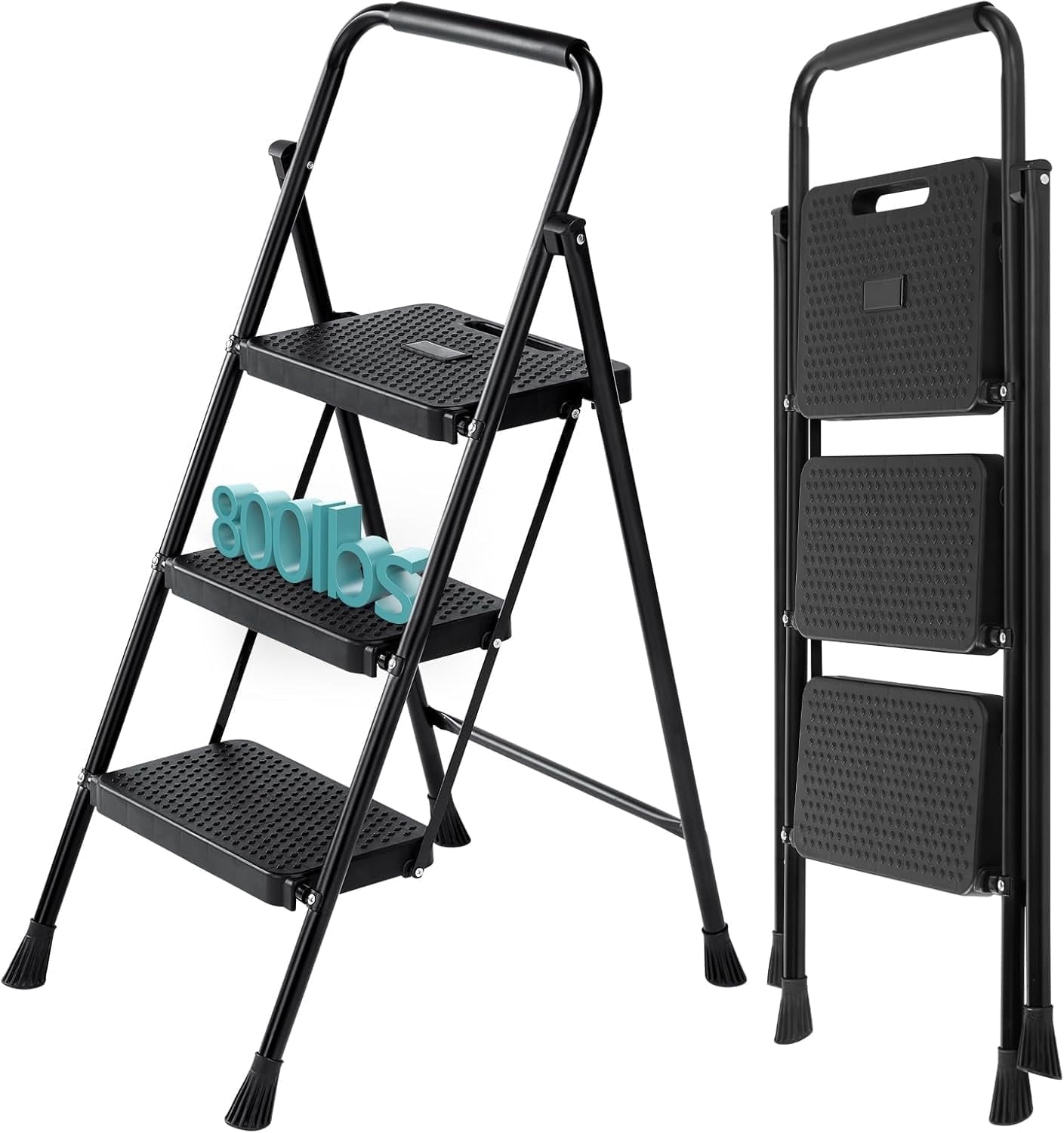 CONCETTA 36 Inch Iron Stepstool, 2 Folding Stepstool with Non-Slip Pedals and Comfortable Handrails, Sturdy Steel Ladder Portable Heavy Duty Stepstool for Kitchen, Garage and Outdoor Use, Black