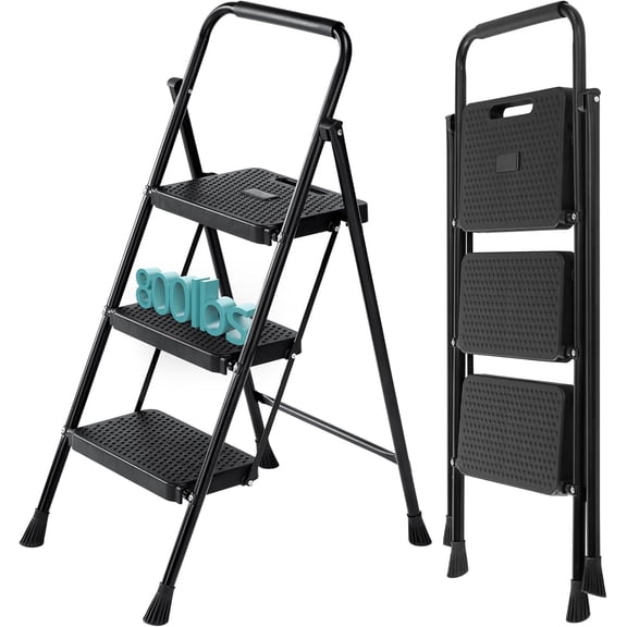 CONCETTA 36 Inch Iron Stepstool, 2 Folding Stepstool with Non-Slip Pedals and Comfortable Handrails, Sturdy Steel Ladder Portable Heavy Duty Stepstool for Kitchen, Garage and Outdoor Use, Black