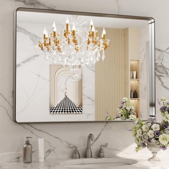 CONCETTA 36x48 Inch Metal Framed Vanity Bathroom Mirror, Large Rounded Rectangle, Anti-Rust, Hangs Horizontally or Vertically for Wall, Black