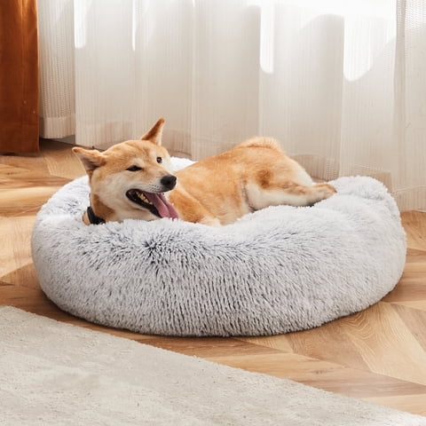 CONCETTA 37 Inch Fluffy Donut Dog Bed for Large Dog, Machine Washable Cover, Gray