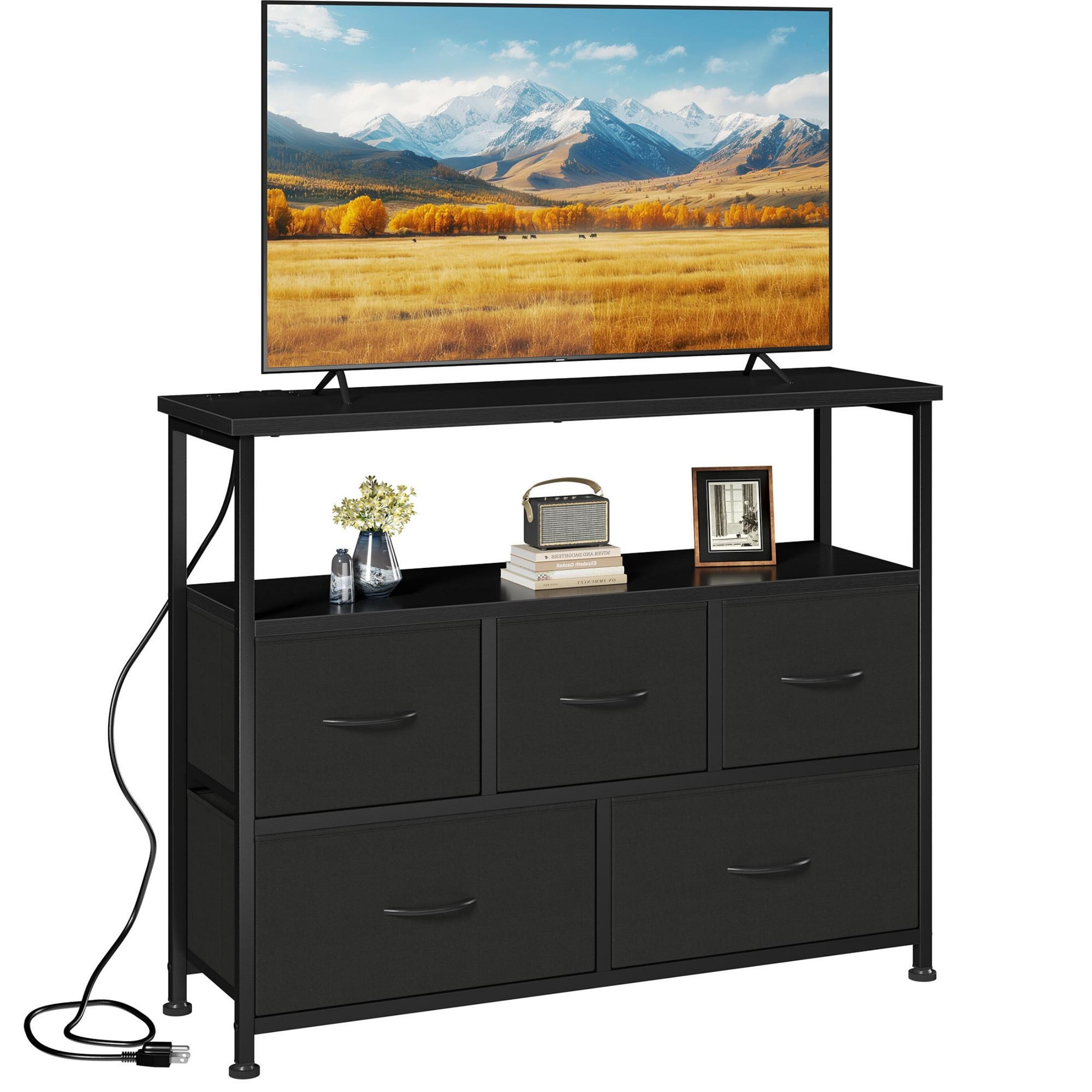 CONCETTA 39.3'' 5 Drawer Dresser with Charging Station, Fabric Storage Chest of Drawers for Bedroom, Living Room, Entryway, Black