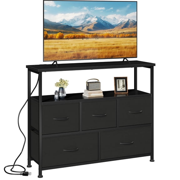 CONCETTA 39.3'' 5 Drawer Dresser with Charging Station, Fabric Storage Chest of Drawers for Bedroom, Living Room, Entryway, Black
