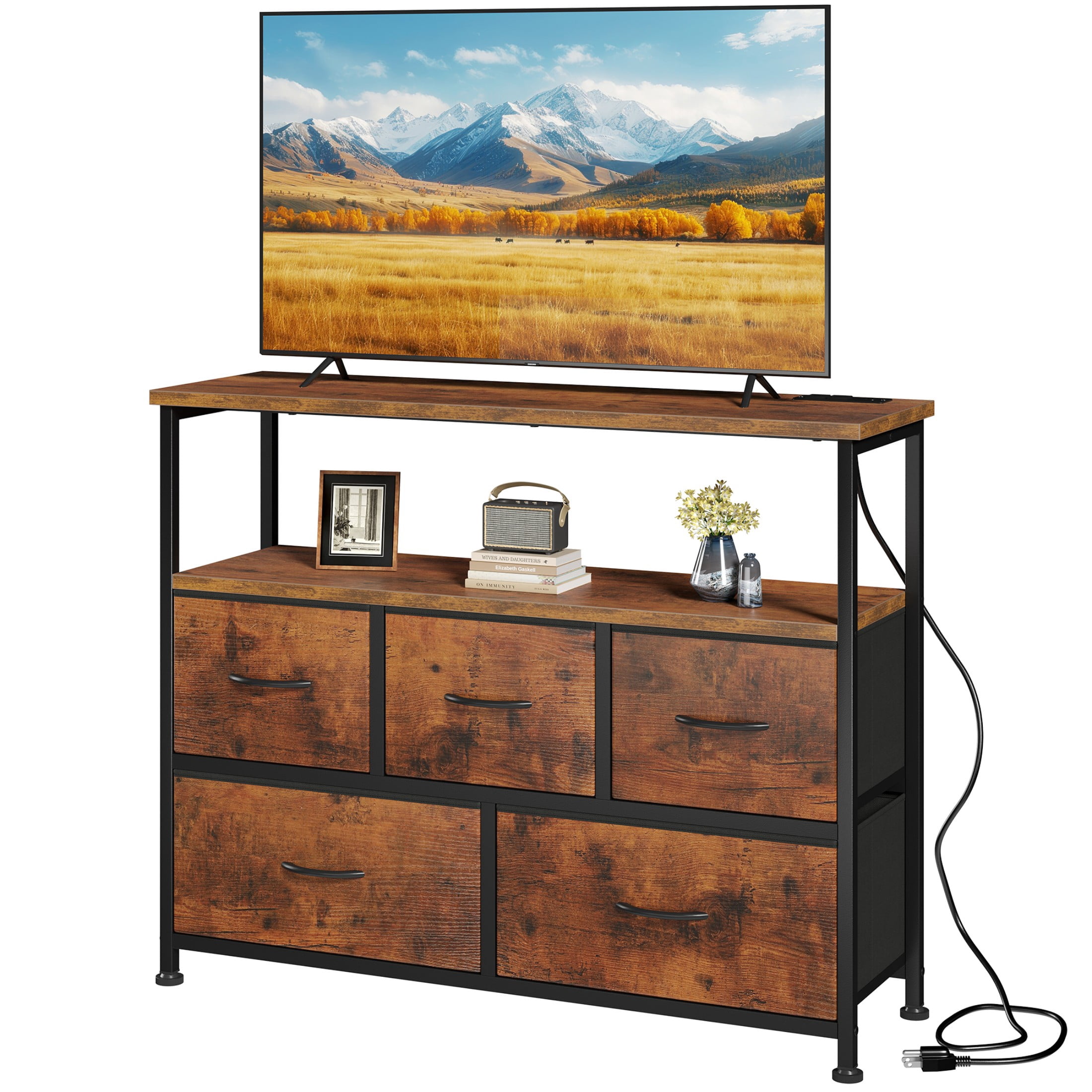 CONCETTA 39.3'' 5 Drawer Dresser with Charging Station, Fabric Storage Chest of Drawers for Bedroom, Living Room, Entryway, Rust