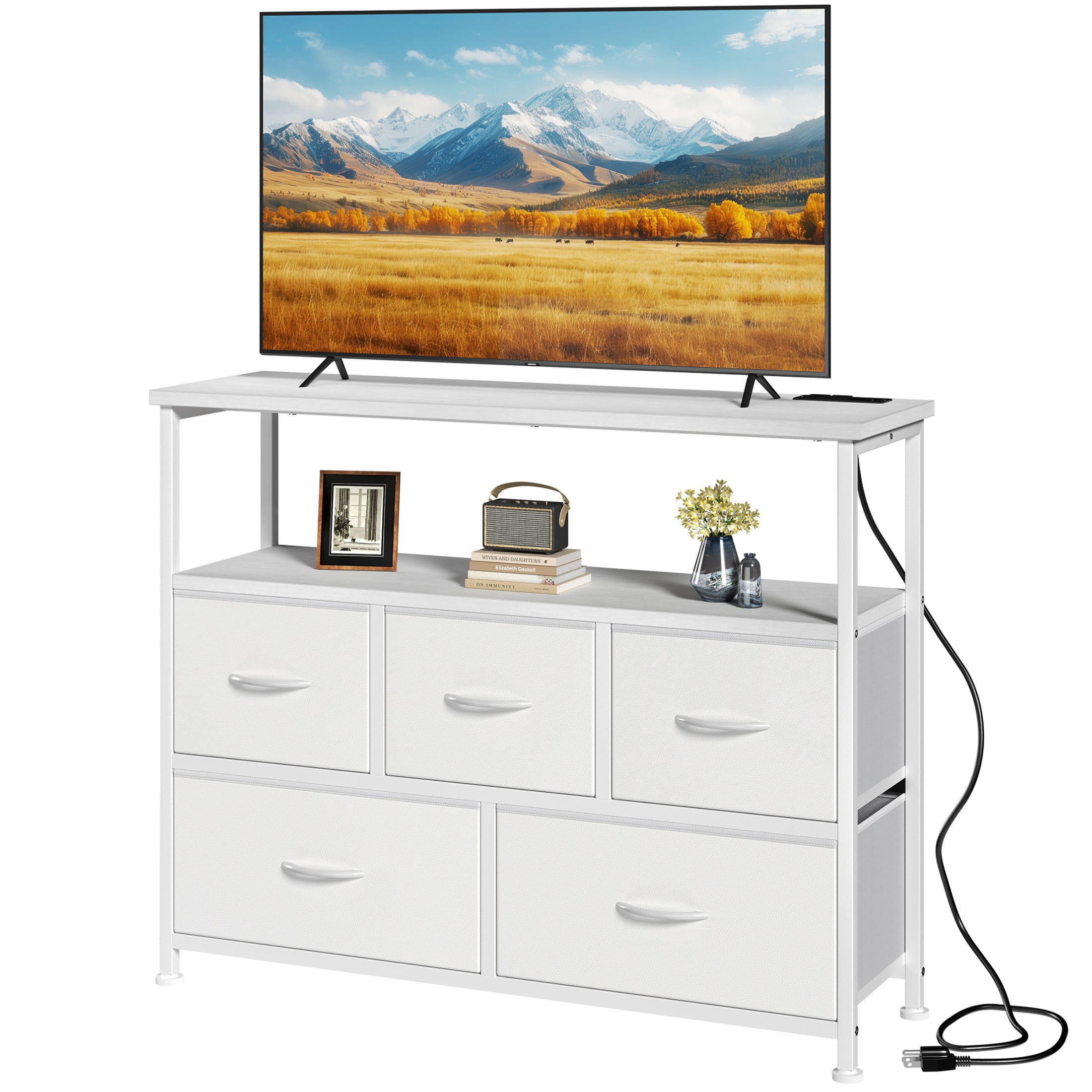 CONCETTA 39.3'' 5 Drawer Dresser with Charging Station, Fabric Storage Chest of Drawers for Bedroom, Living Room, Entryway, White
