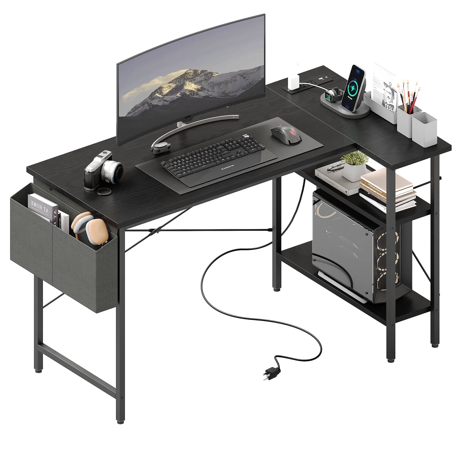CONCETTA 39 inch Gaming Computer Desk with Power Outlet & LED Strip, Reversible Storage Shelves for Home Office, Black