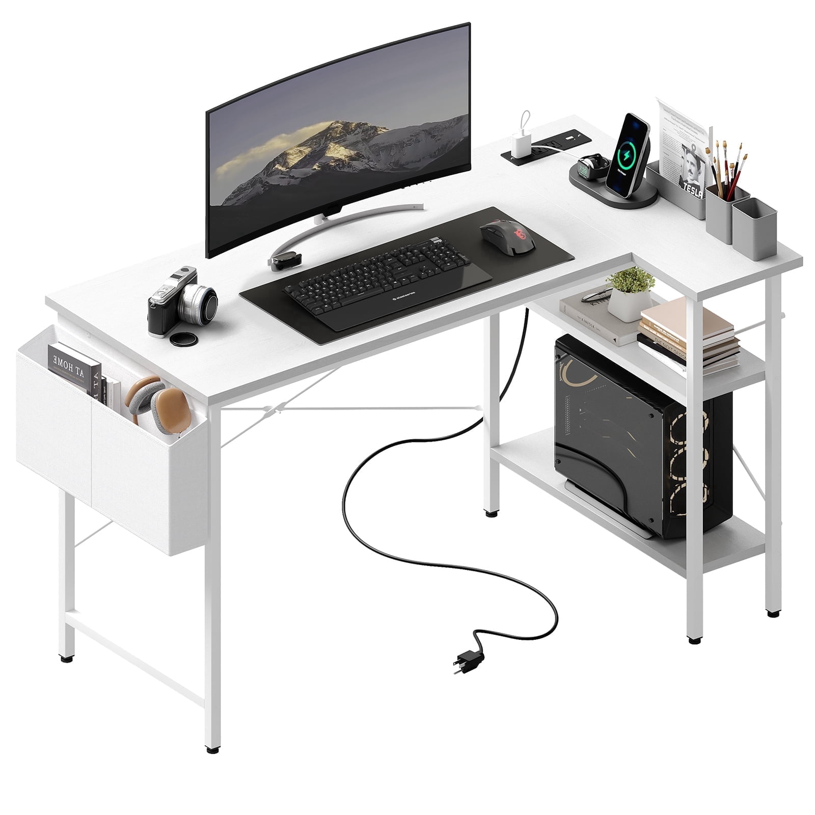 CONCETTA 39 Inch Gaming Computer Desk with Power Outlet & LED Strip, Reversible Storage Shelves for Home Office, White