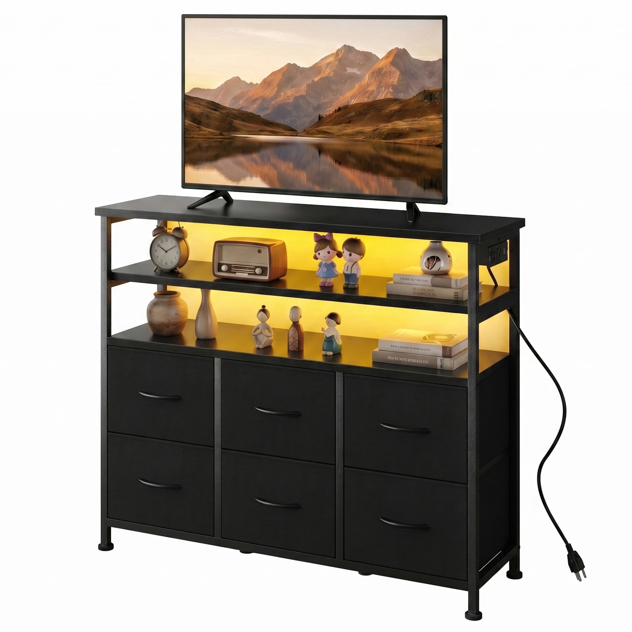 CONCETTA 45 inch TV Stand, 6-Drawer Fabric Dresser with LED Lights and Charging Station, Entertainment Center for Bedroom Living Room Hallway, Black