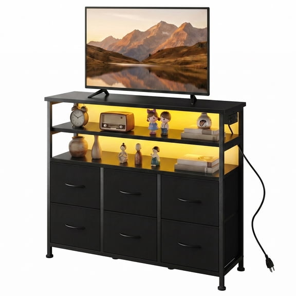 CONCETTA 45 inch TV Stand, 6-Drawer Fabric Dresser with LED Lights and Charging Station, Entertainment Center for Bedroom Living Room Hallway, Black