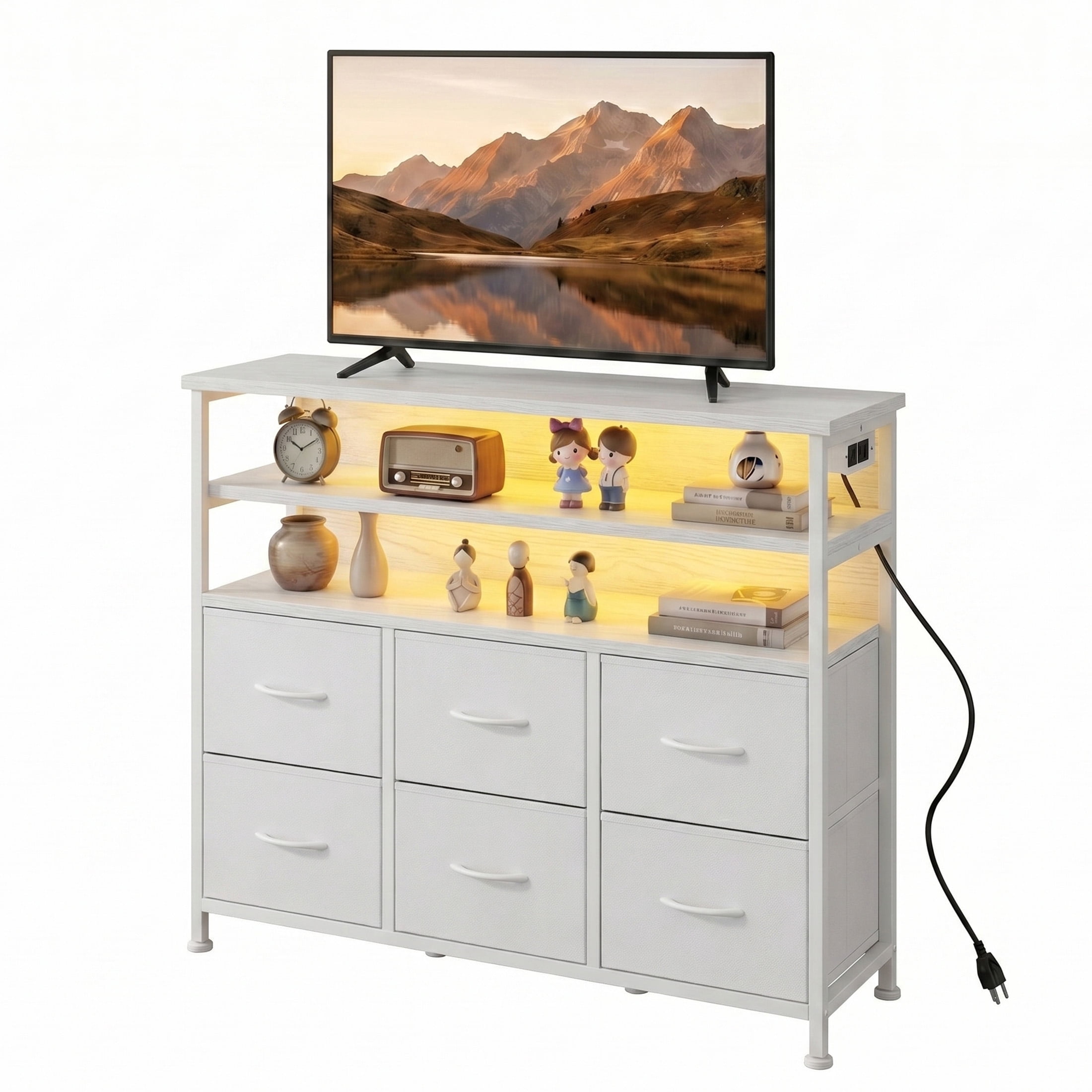 CONCETTA TV Stand for 45 Inch TV, 6-Drawer Dresser with 3-Tier Open Shelves, LED Lights, Charging Station, Wood Top Entertainment Center for Bedroom, Living Room, Hallway, White