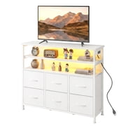 CONCETTA TV Stand for 45 Inch TV, 6-Drawer Dresser with 3-Tier Open Shelves, LED Lights, Charging Station, Wood Top Entertainment Center for Bedroom, Living Roo