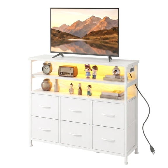 CONCETTA TV Stand for 45 Inch TV, 6-Drawer Dresser with 3-Tier Open Shelves, LED Lights, Charging Station, Wood Top Entertainment Center for Bedroom, Living Room, Hallway, White