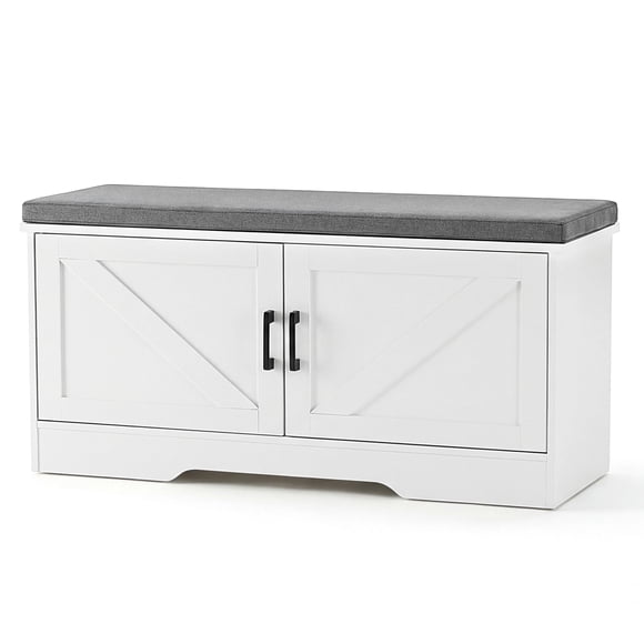 CONCETTA 39 Inch Width White Storage Bench, Padded Seat Entryway Shoe Bench Featuring 4 Barn Doors and Adjustable Storage Shelf