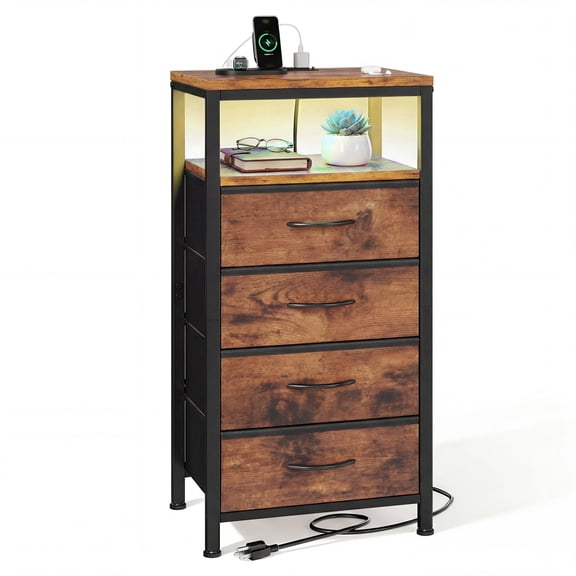 CONCETTA 4 Fabric Drawers Nightstand with Charging Station, USB/Type-C Ports, Adjustable Feet, Bedroom, Rust Brown