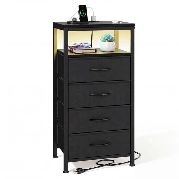 CONCETTA 4 Fabric Drawers Nightstand with Charging Station, USB/Type-C Ports, Adjustable Feet, Bedroom, Black