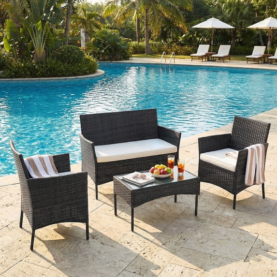 CONCETTA 4-Piece Patio Furniture Set, Wicker Outdoor PE Rattan Furniture with Coffee Table & Washable Cushion, Compact Bistro Conversation Seating for Balcony, Garden, Poolside, Porch - Brown