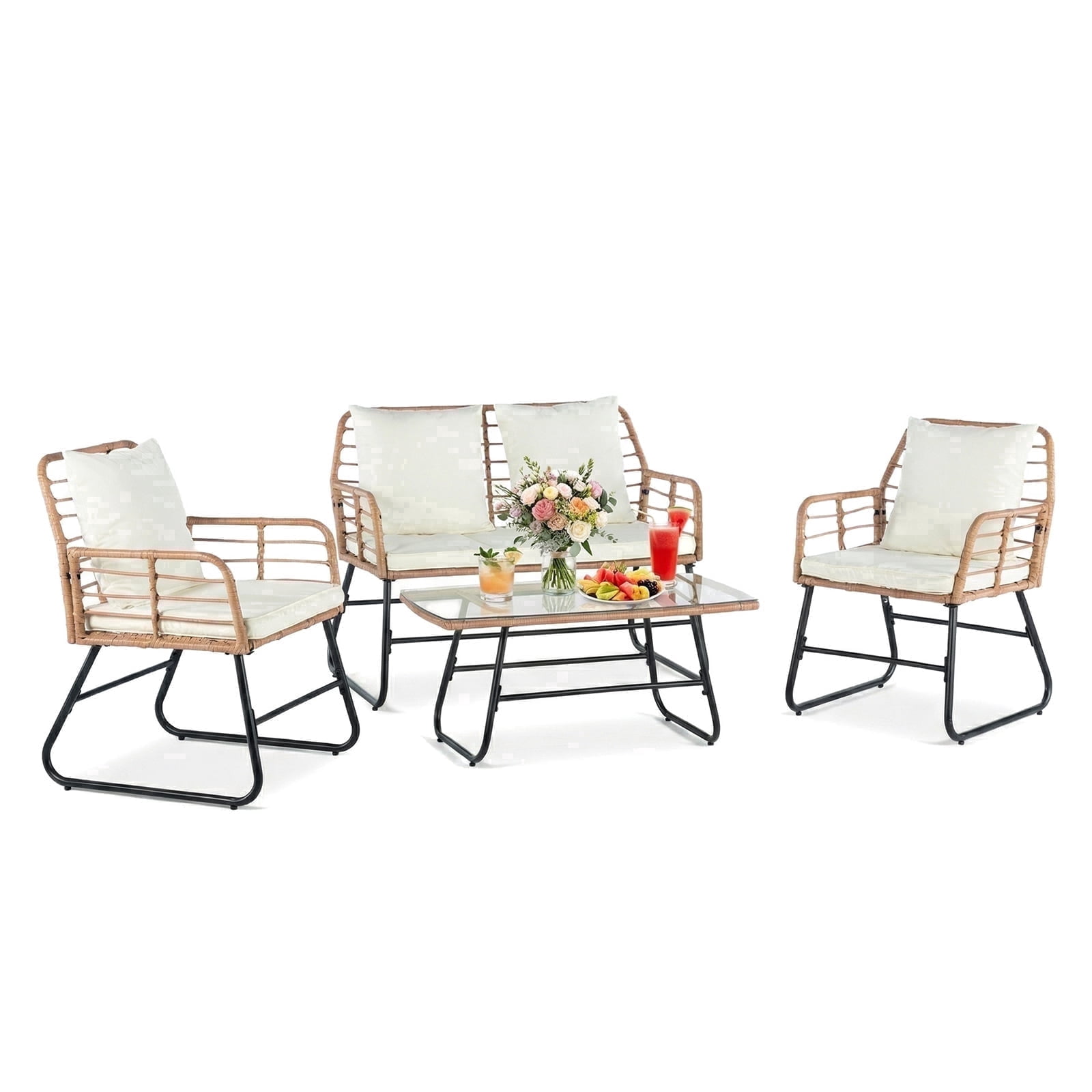 SHOUFTW 4 Piece Patio Furniture Set, Outdoor Patio Seating Set for Apartment Balcony, Space-Saving Rattan Conversation Set with Loveseat and Side Table for Patio, Front Porch & Pool, Small Spaces
