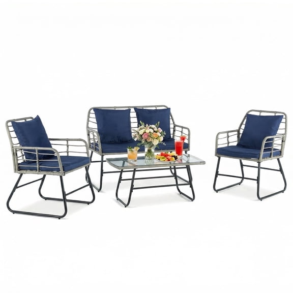 SHOUFTW 4 Piece Patio Furniture Set, Outdoor Patio Seating Set for Apartment Balcony, Space-Saving Rattan Conversation Set with Loveseat and Side Table for Patio, Front Porch & Pool, Small Spaces